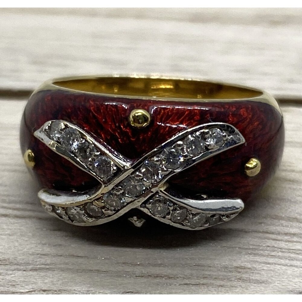 Hidalgo 18K 750 Yellow Gold Diamond Enamel Ring Size 6.5